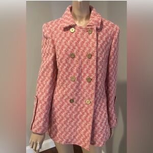 Coach Tweed Herringbone Wool Mohair Pink Pea Coat Jacket Sz 8? Silk lining